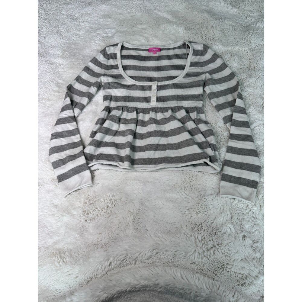 Edikted Striped Long Sleeve Henley Top Gray White Peplum Fitted Size L